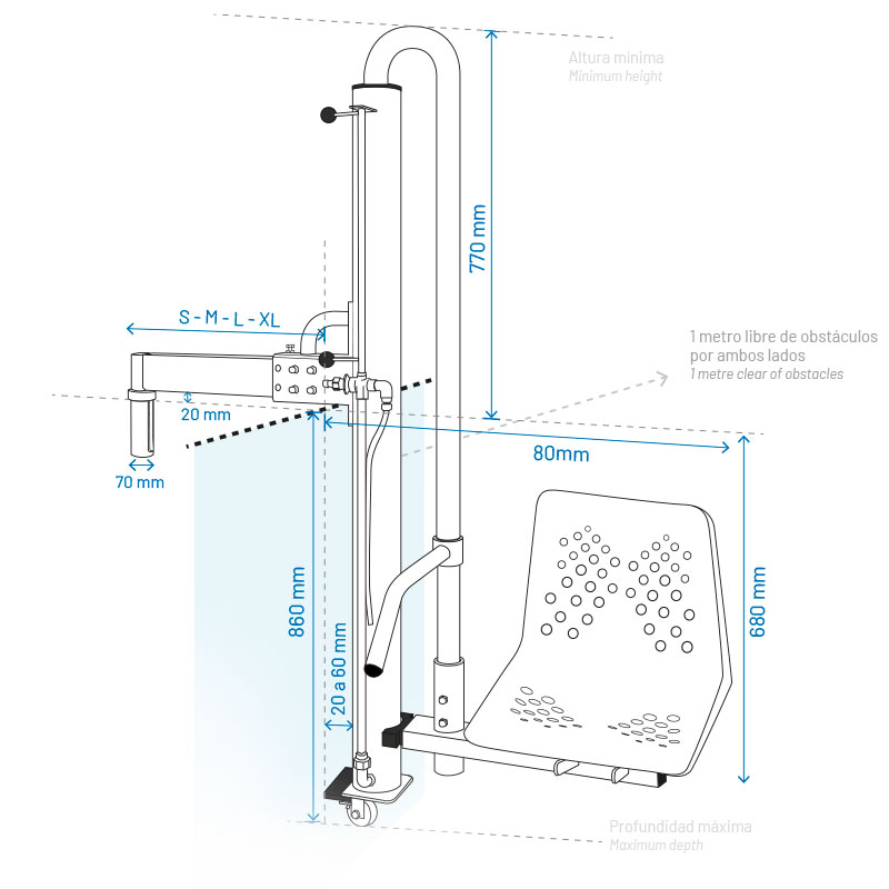 Plano de la planta de la silla de piscina para minusválidos Access B1